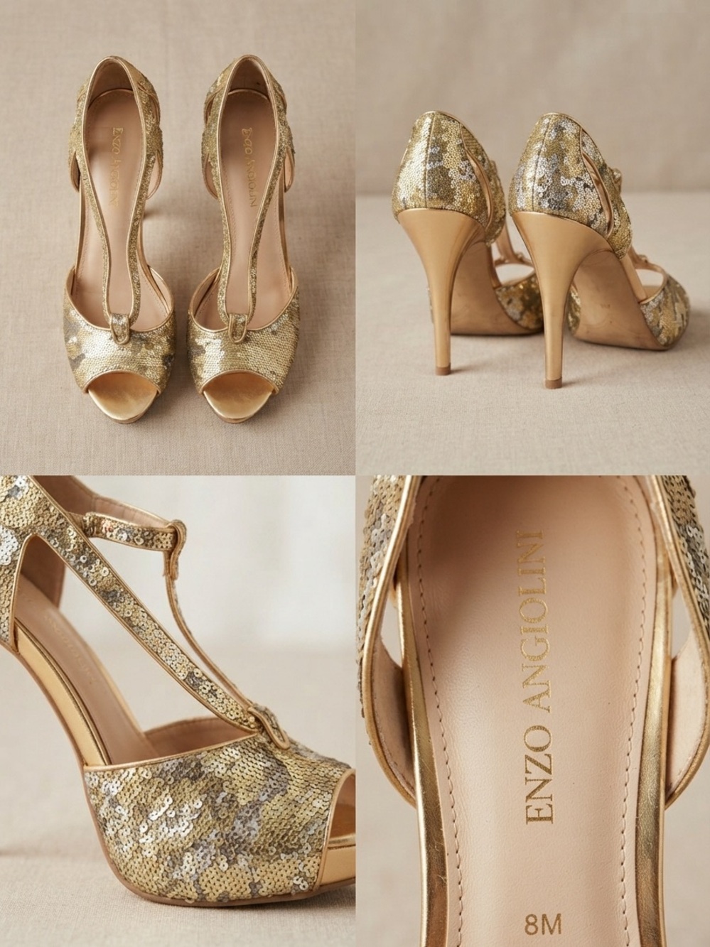 Enzo Angiolini Gold Sequin T-Strap Peep-Toe Heels size 8